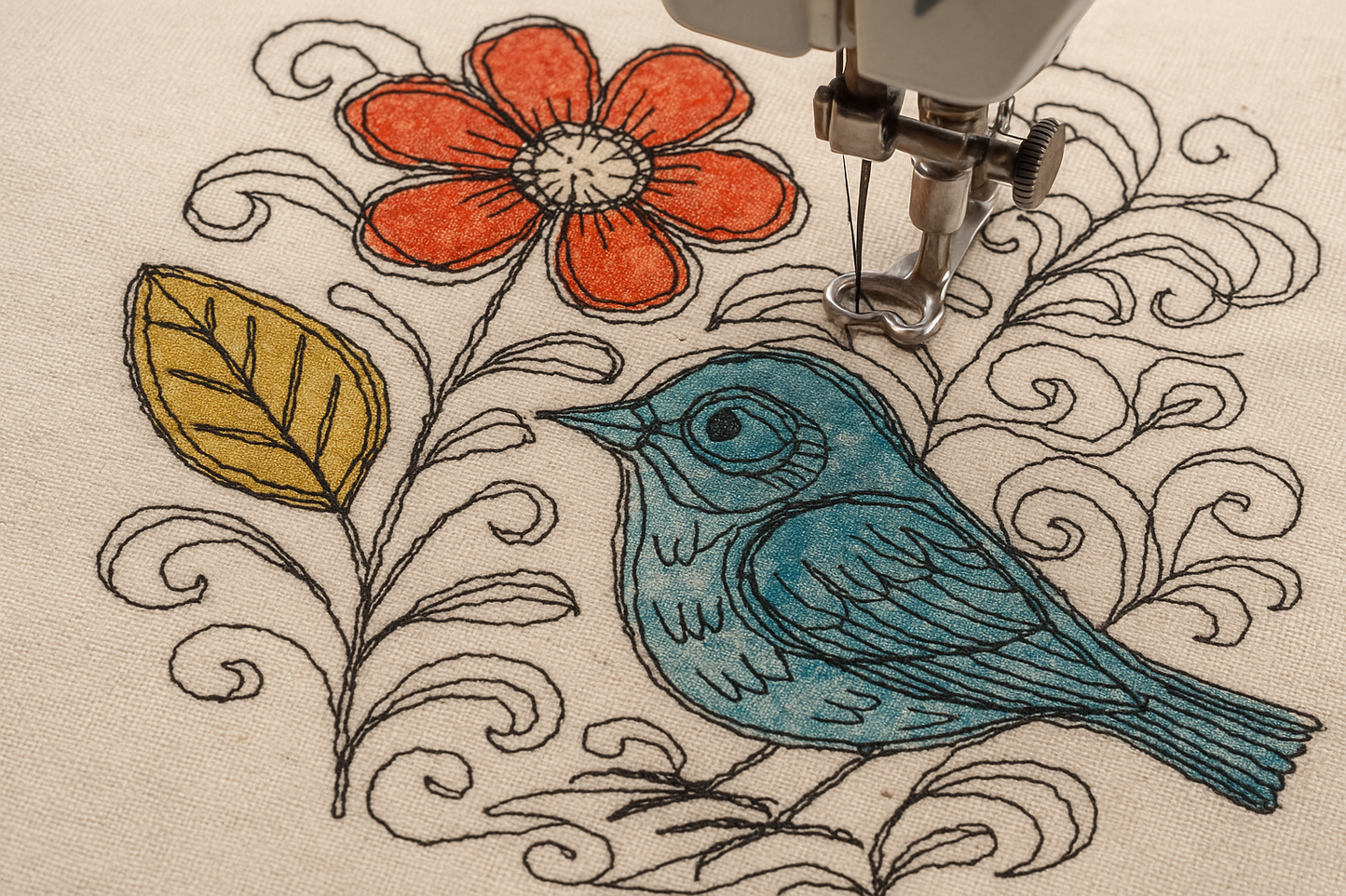 free motion embroidery with appliqué using black thread drawing with thread