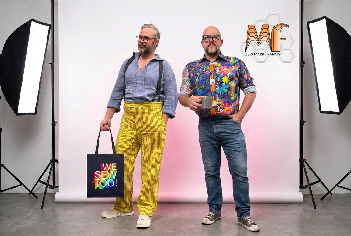 Studio portrait with the MF logo moved into the former We Sew Too backdrop position